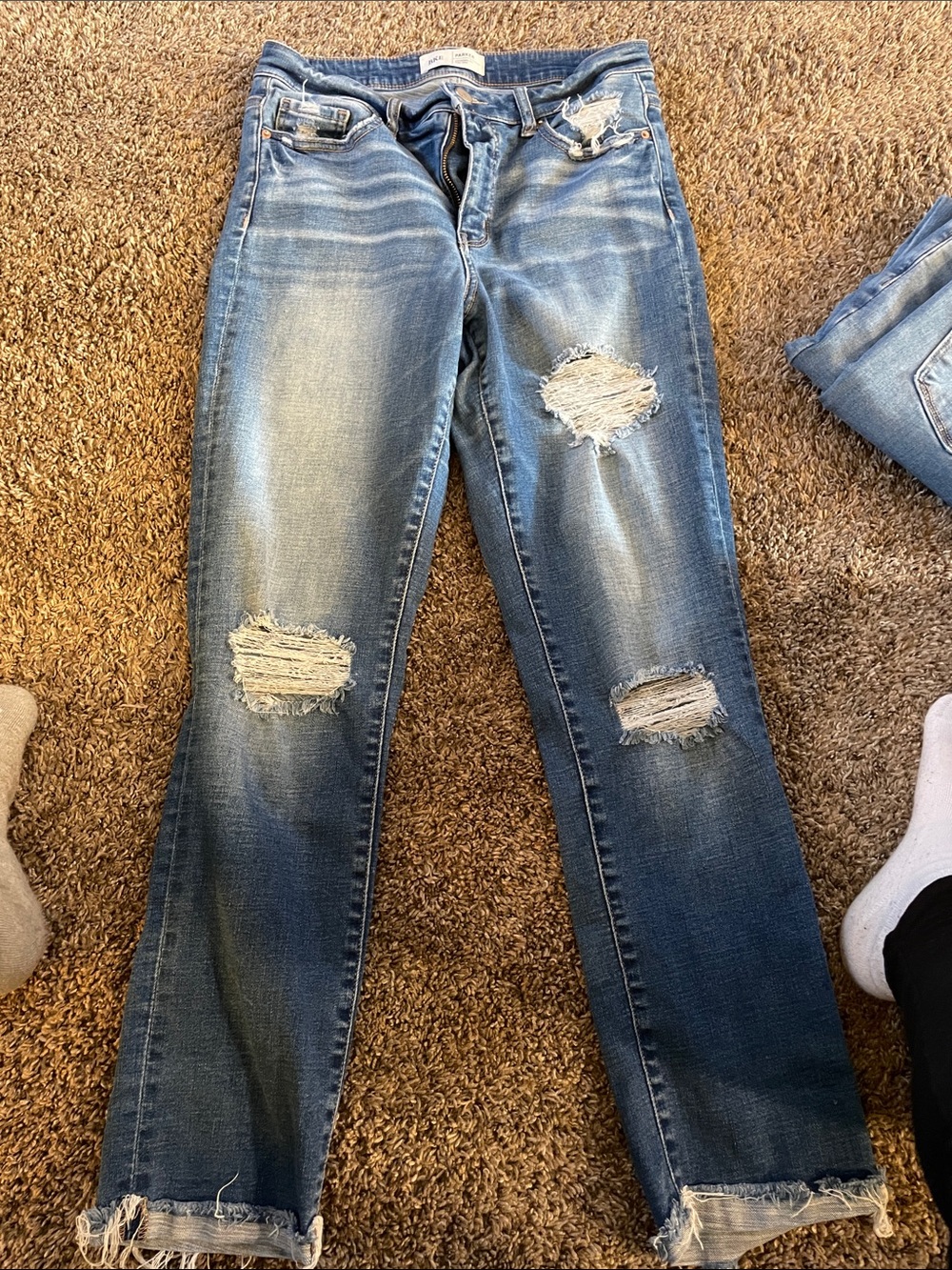 Women's Distressed Blue Jeans - Classic Mid Wash